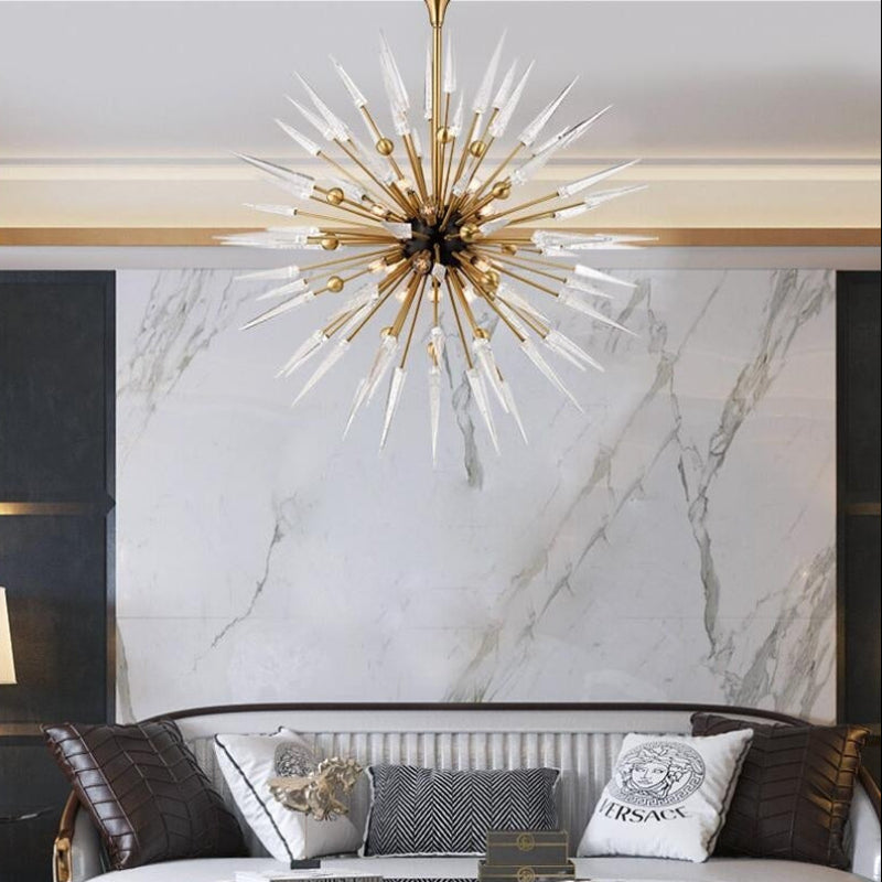 Updated chandeliers with Sputnik Star unique crystal pendant design creating artistic focal point for modern dining room foyer