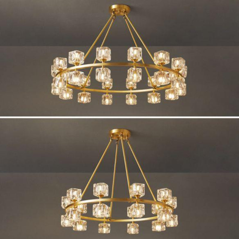 Round copper crystal chandelier with built-in dimmable driver creating adjustable lighting for living room dining room foyer