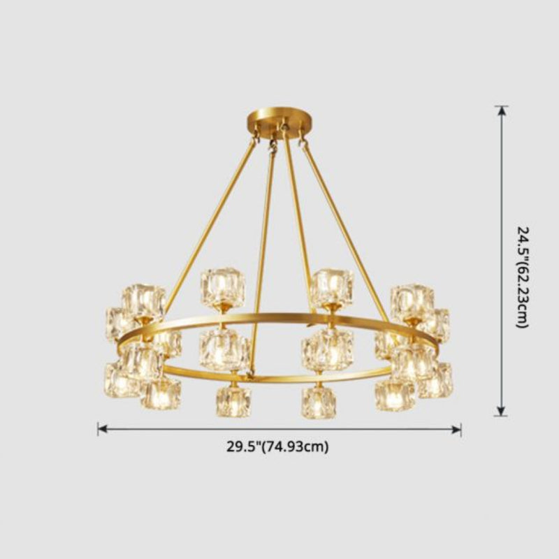Copper crystal chandelier with up and down lighting creating warm ambiance for elegant dining room living room restaurant
