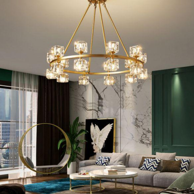 Crystal pendant chandelier with copper frame and dimmable LED creating customizable ambiance for dining room living room