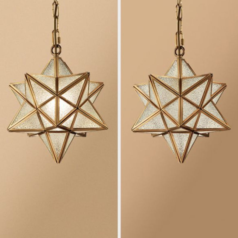 Star-shaped colonial pendant with brass finish creating historical charm for indoor entryway kitchen dining room lighting