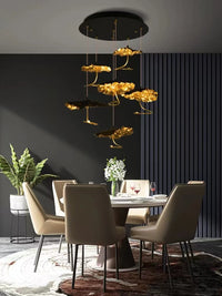 Thumbnail for Modern chandelier lighting featuring unique lotus art brass gold design with botanical elements for dining room foyer